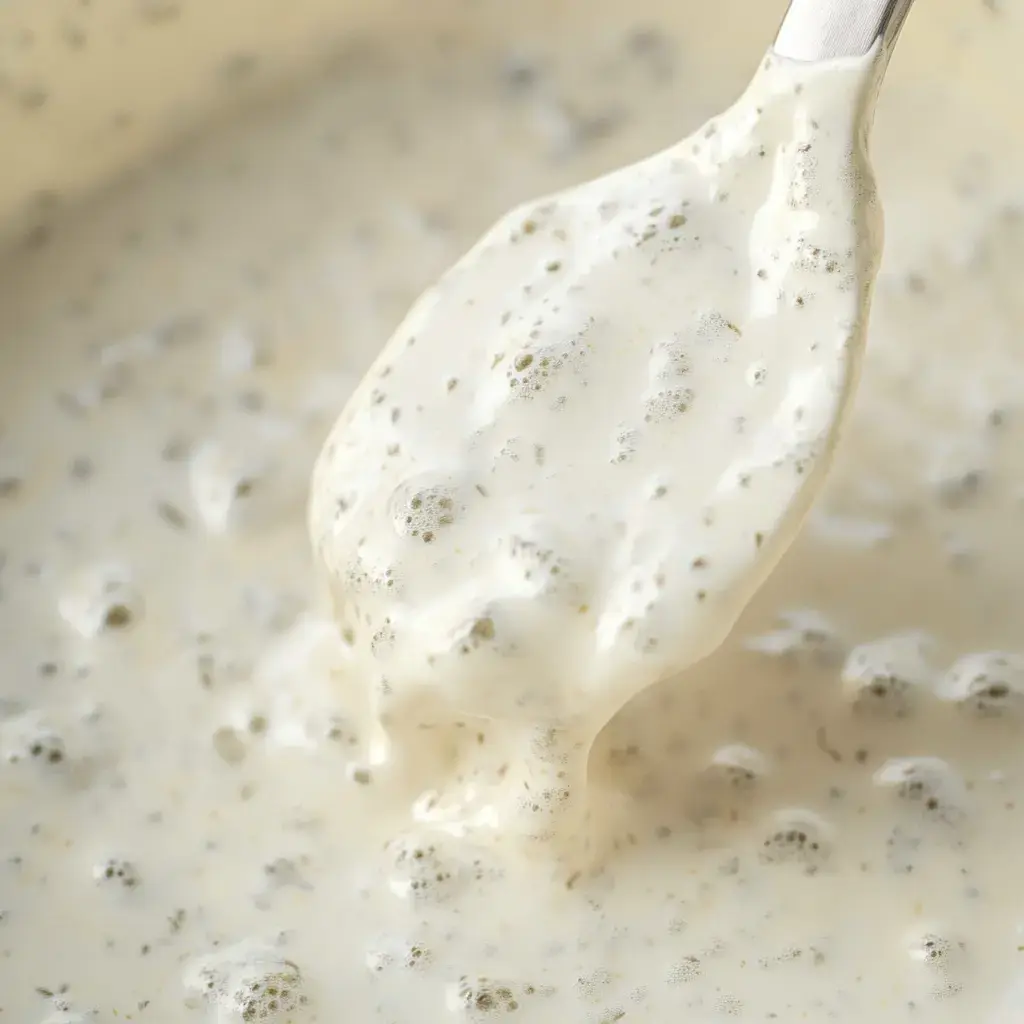 An overhead shot of thick, creamy dressing being spooned out of a bowl.