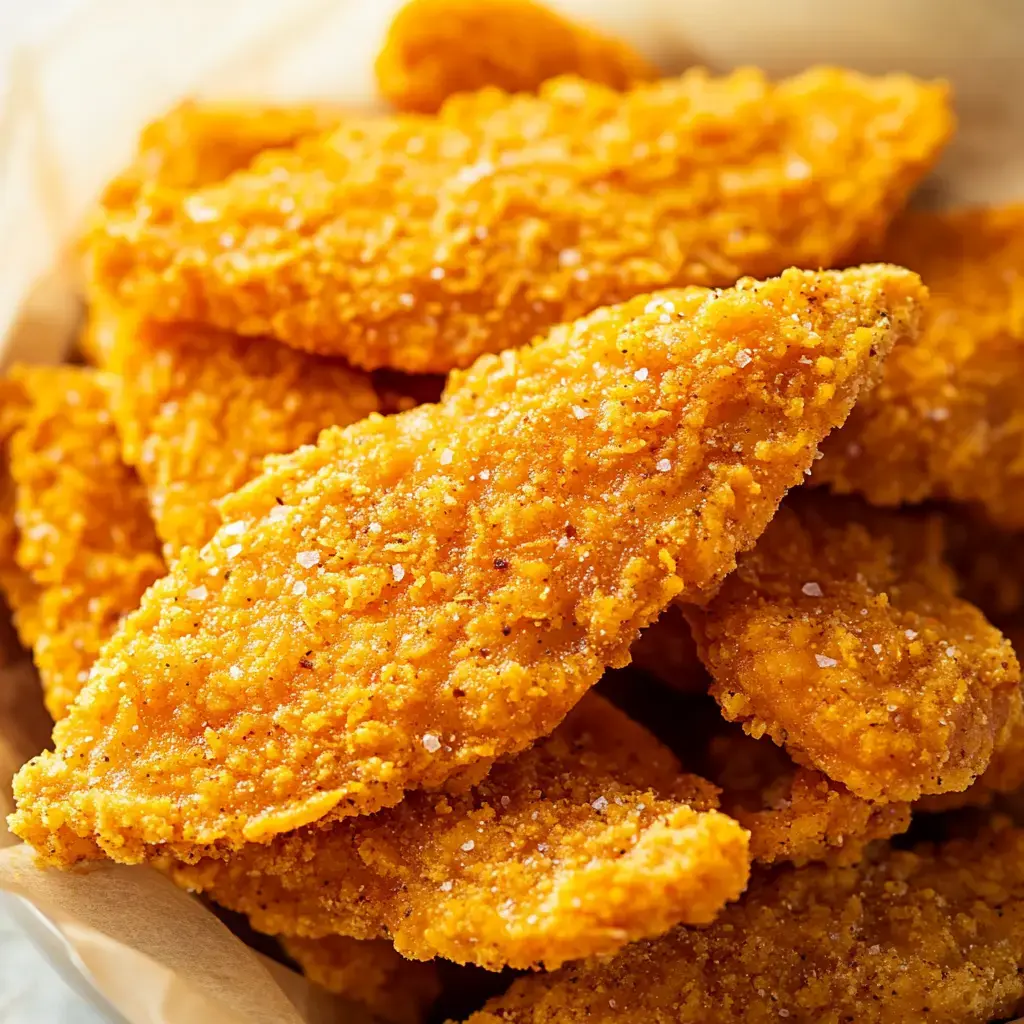 Golden, crispy chicken tenders stacked together up close.