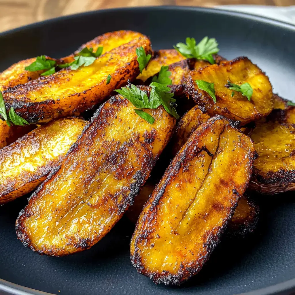 Close shot of golden-brown plantains topped with parsley in a black bowl.