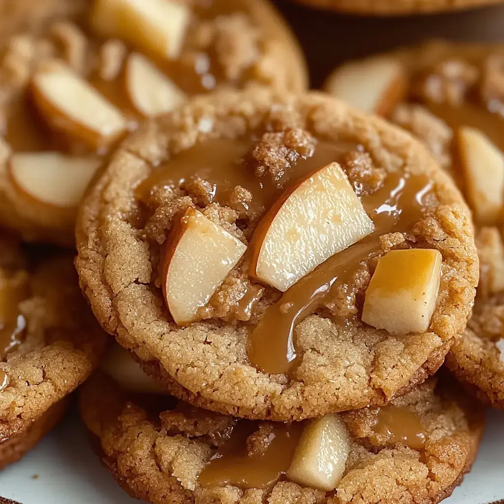 Close-up view of warm cookies with caramel, apple bits, and crumb topping.