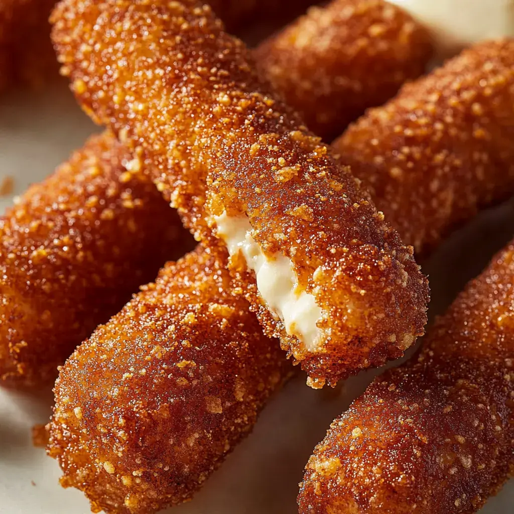 Close-up of crunchy, golden mozzarella sticks with melted cheese oozing from one piece.