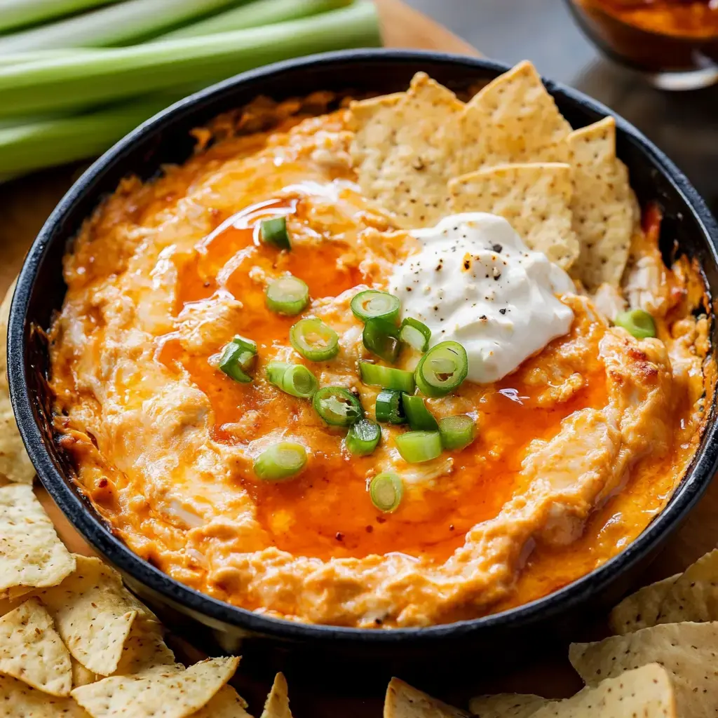 Creamy chicken dip with buffalo flavor, topped with green onions and paired with chips.