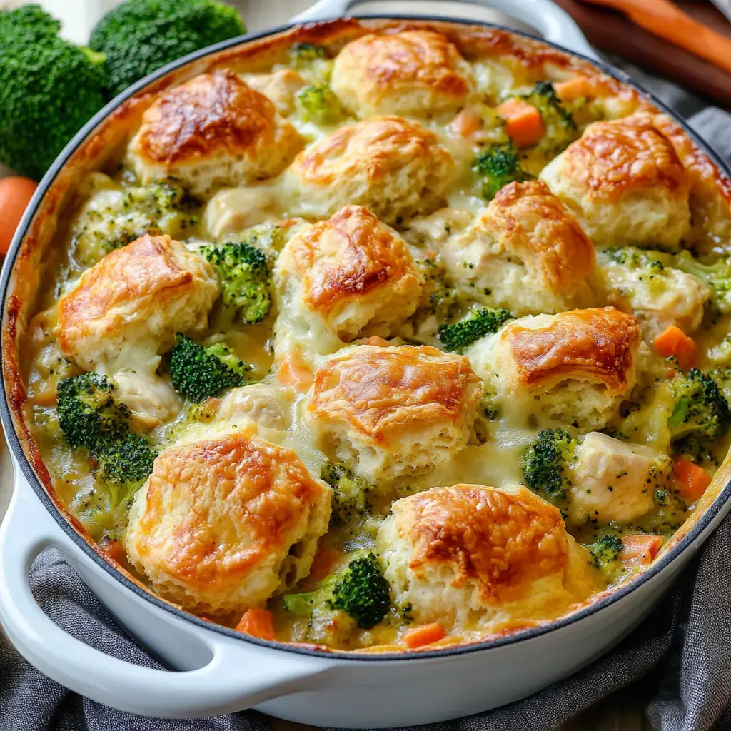 Golden baked biscuits sitting over a creamy chicken and veggie filling, with broccoli and carrots standing out.