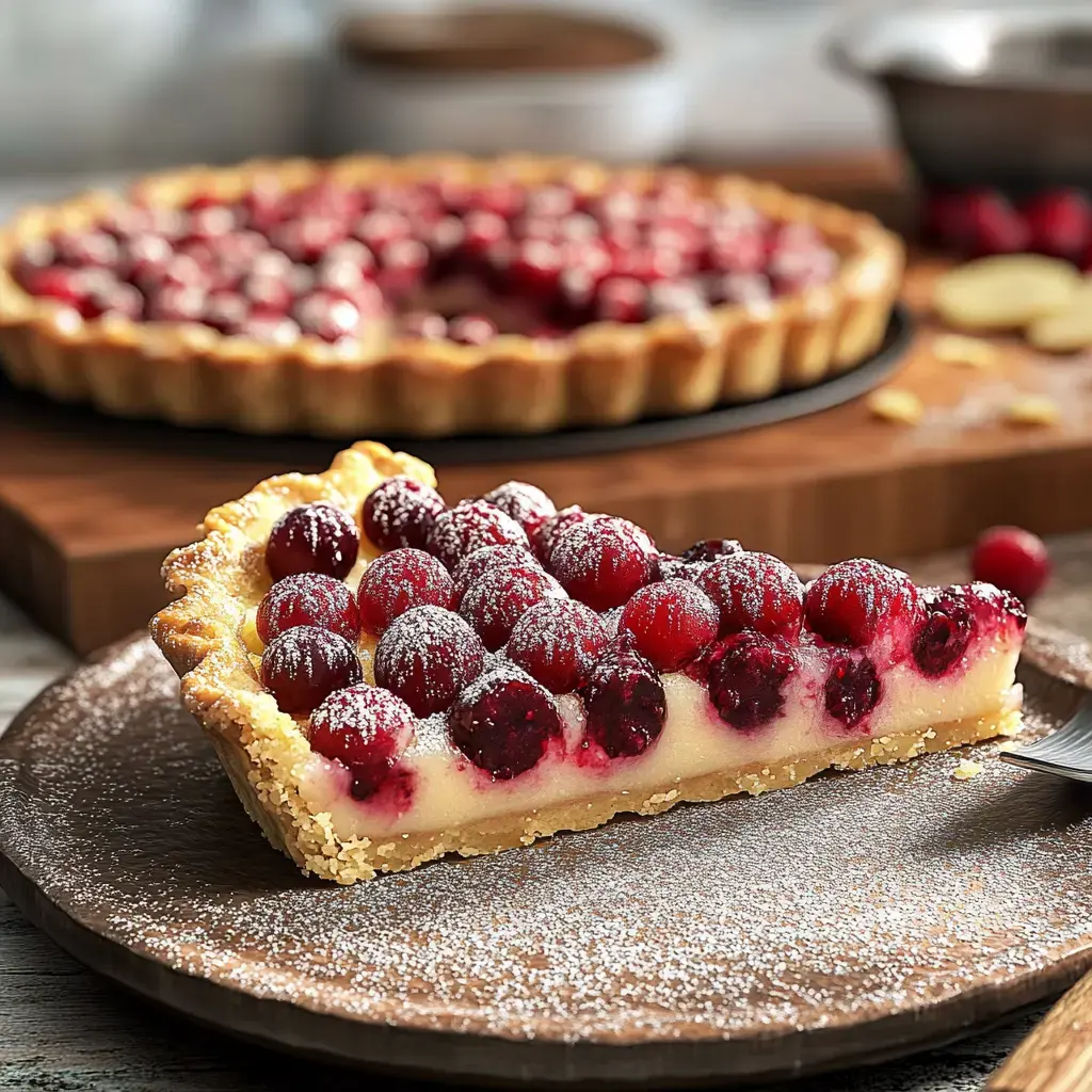 A wooden plate holds a slice of cranberry tart dusted with powdered sugar. The full tart sits in the background.