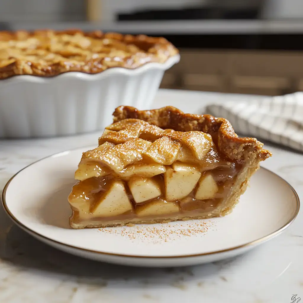 A golden, flaky crusted apple pie served with cinnamon-spiced apple filling on a cozy table setting.