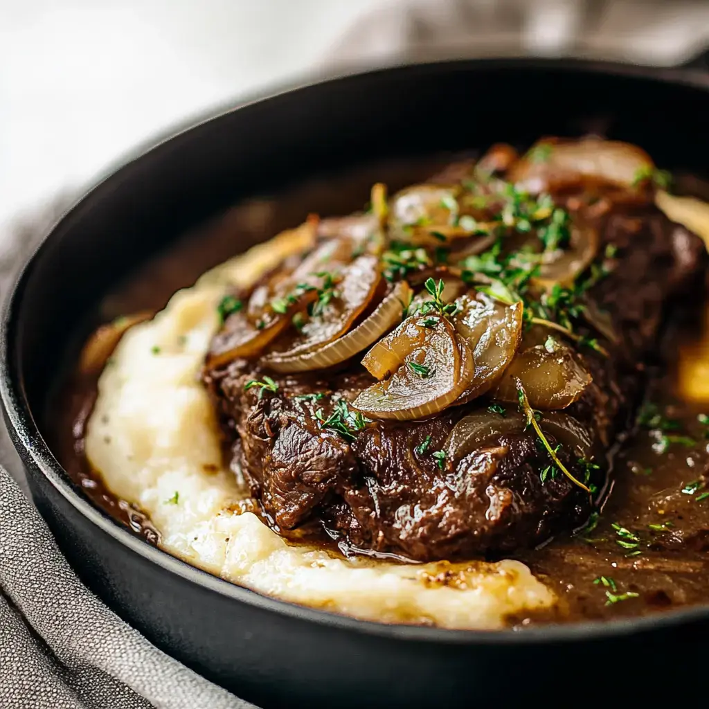 Juicy beef over creamy mashed potatoes, topped with onions and herbs for a perfect meal.