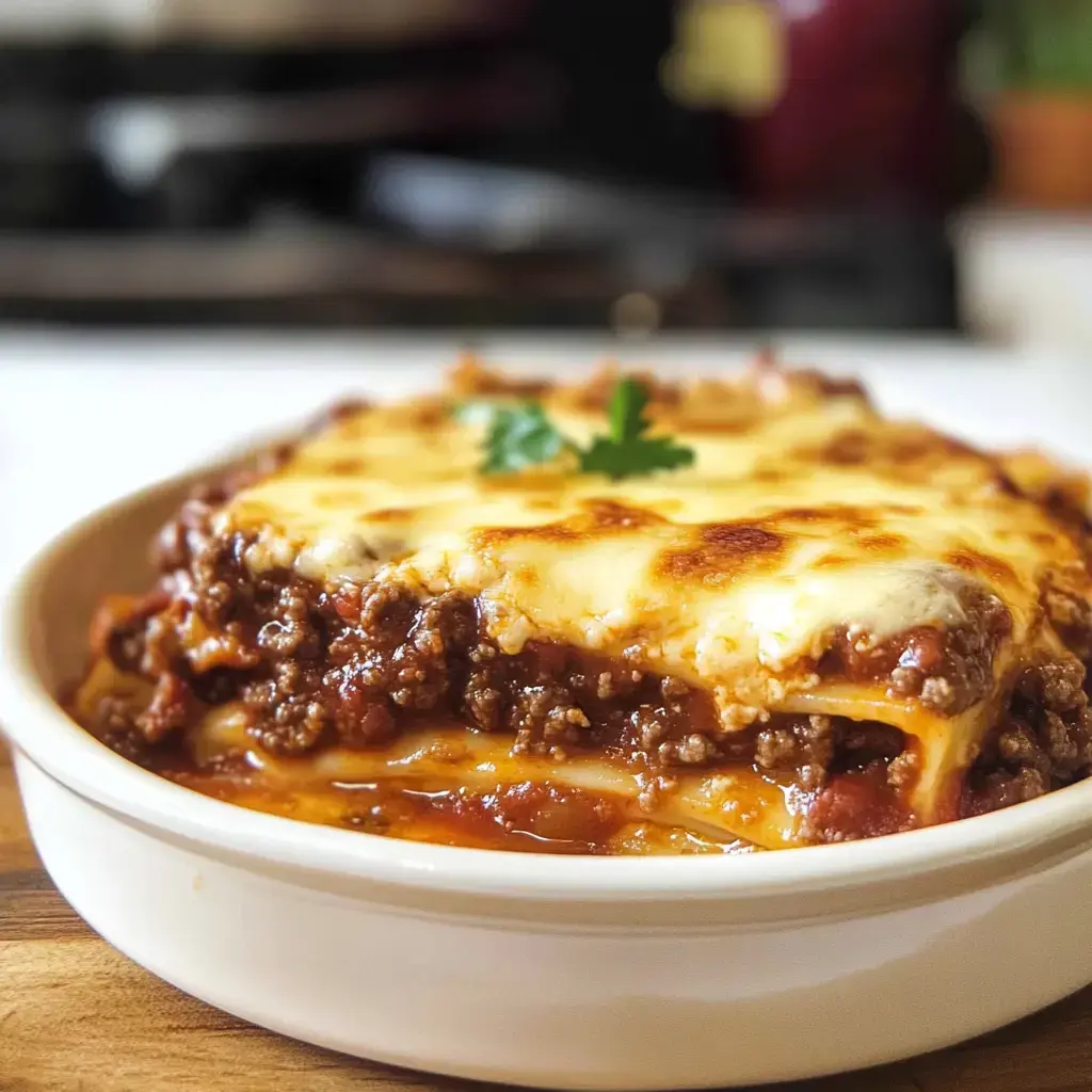 A plate of lasagna layered with meat sauce, cheese, and parsley garnish, served hot in a white dish.