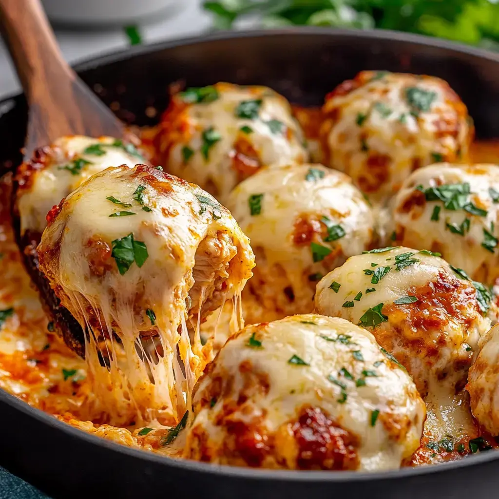 Skillet of cheesy baked meatballs with parsley, one lifted showing stretched cheese.