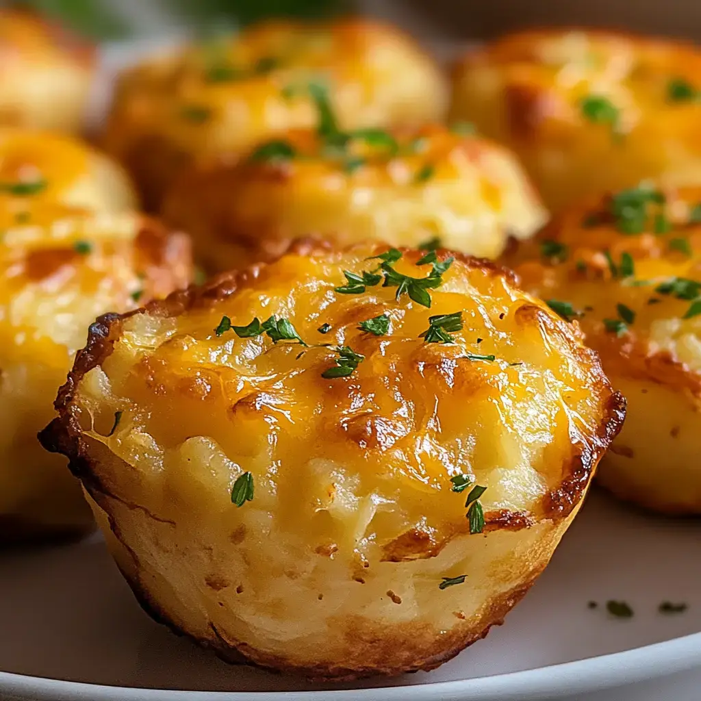 Close-up of crispy potato cups garnished with green herbs.