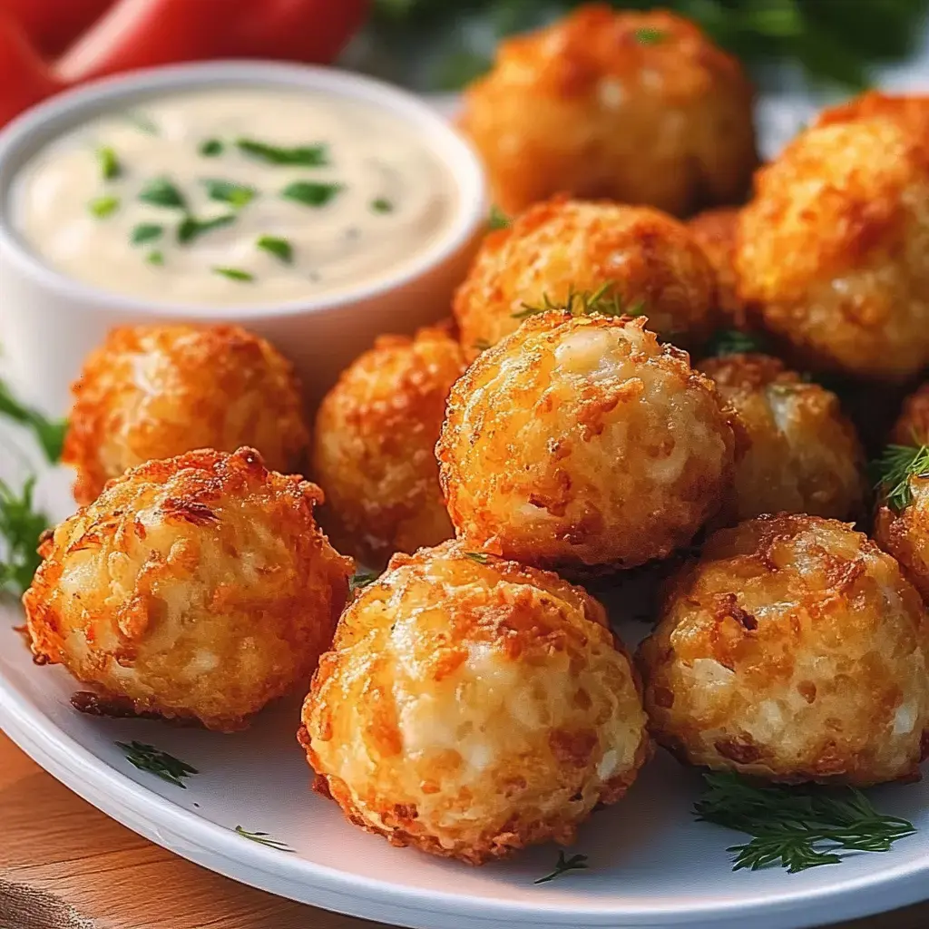 Golden crispy seafood bites plated with a creamy dipping sauce on the side.