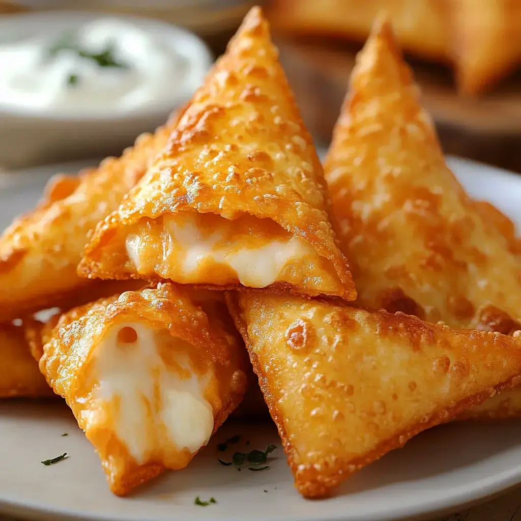 Crispy, golden triangles stuffed with melted mozzarella, served with a dip on the side.