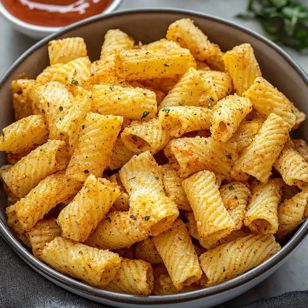 A bowl of golden, crisp pasta chips with a dipping sauce nearby. Simple and delicious!