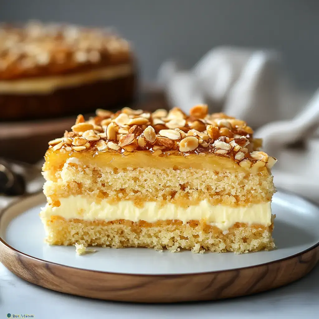Wooden plate holding a layered cake slice with soft filling and a caramelized nutty top.