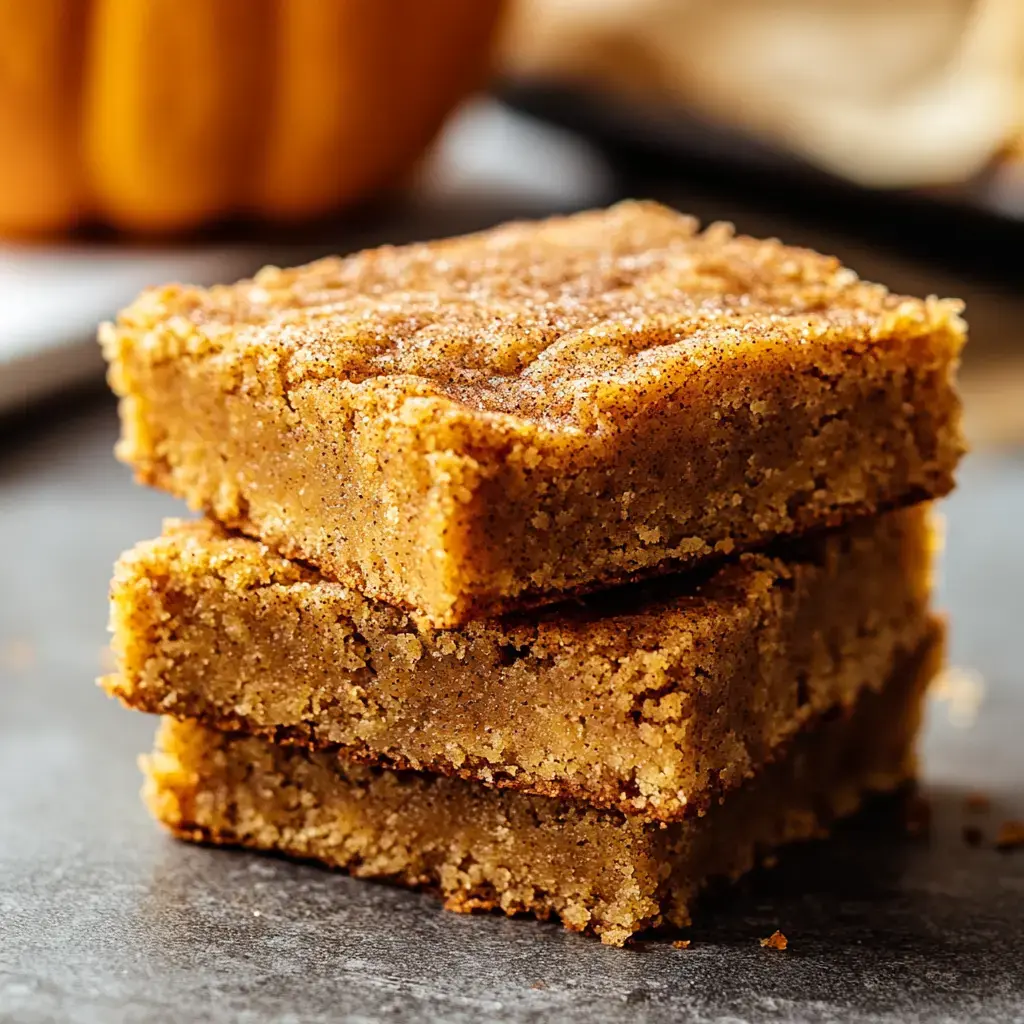 Three moist pumpkin bars stacked on a textured tabletop, with a pumpkin blurred in the background.