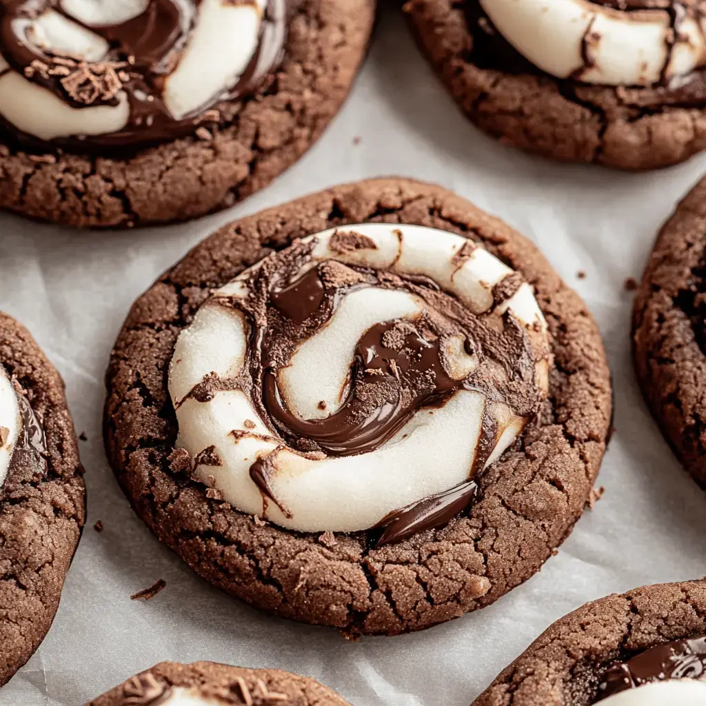 Close-up of soft chocolate cookies with marshmallow swirls and drizzled chocolate for topping.