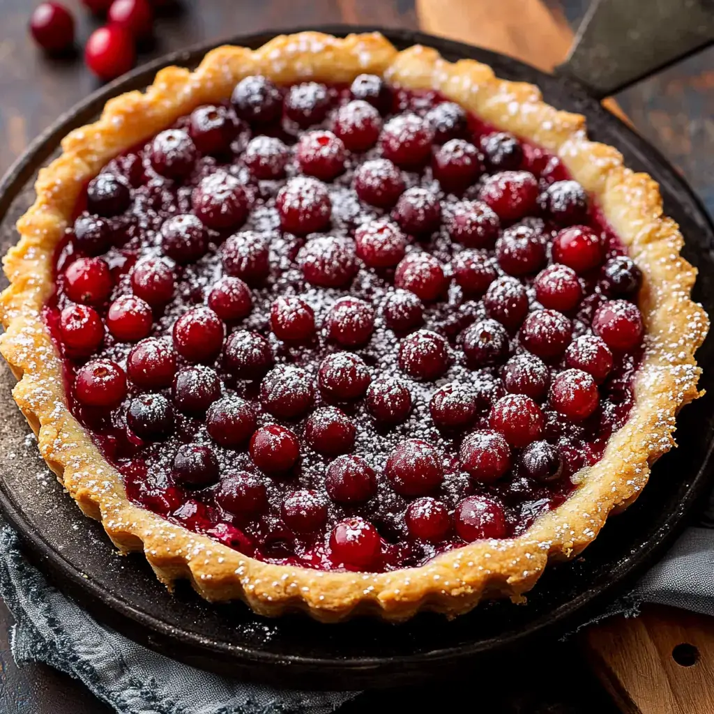 A freshly baked cranberry pie topped with powdered sugar sits in a dark metal pie dish.