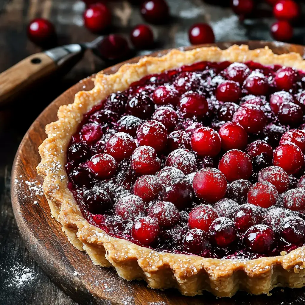 A freshly baked pie filled with shiny red cranberries and dusted with powdered sugar on a wooden serving board.