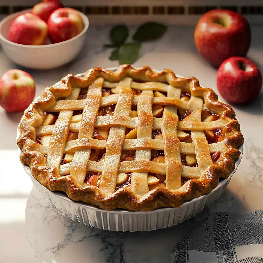 A freshly baked apple pie with a lattice crust is displayed on a marble countertop, accompanied by a bowl of apples in the background.