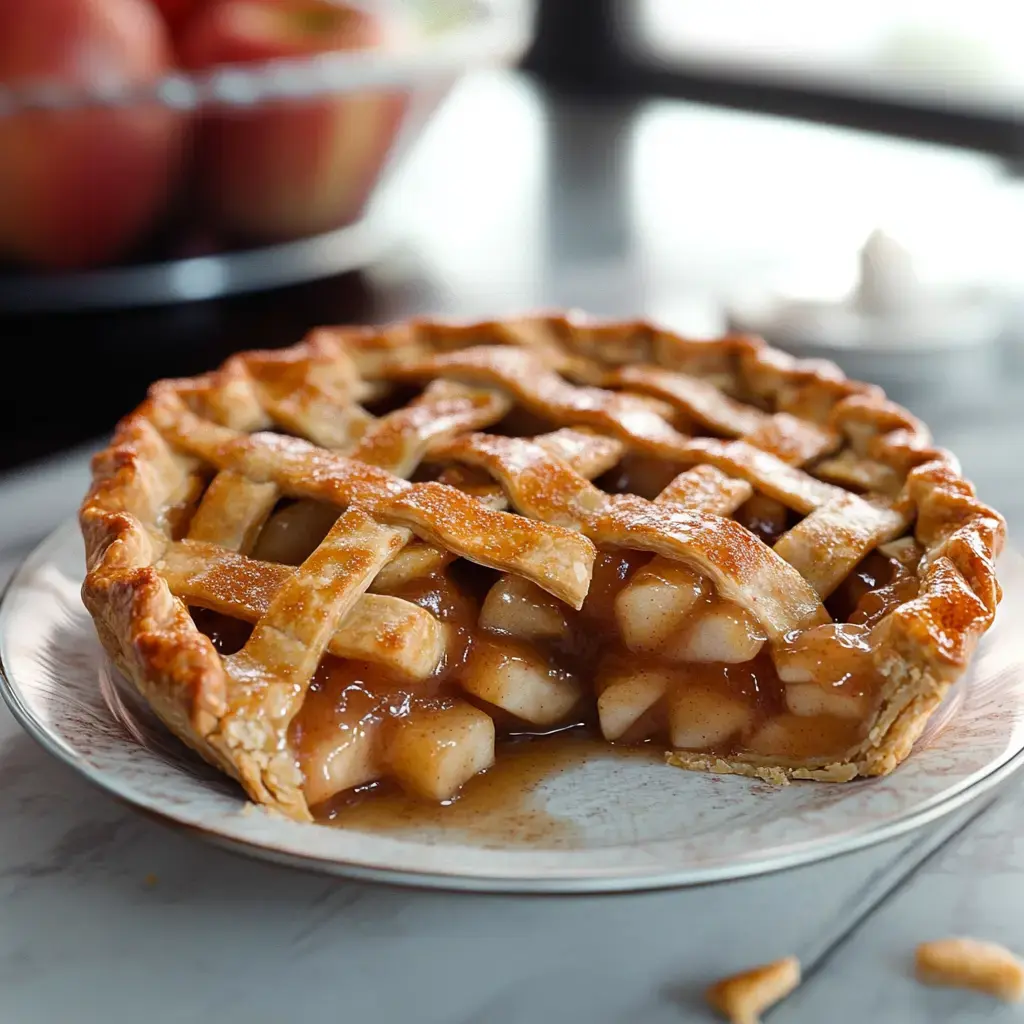 A freshly baked apple pie with a lattice crust sits on a plate, showcasing gooey apple filling.