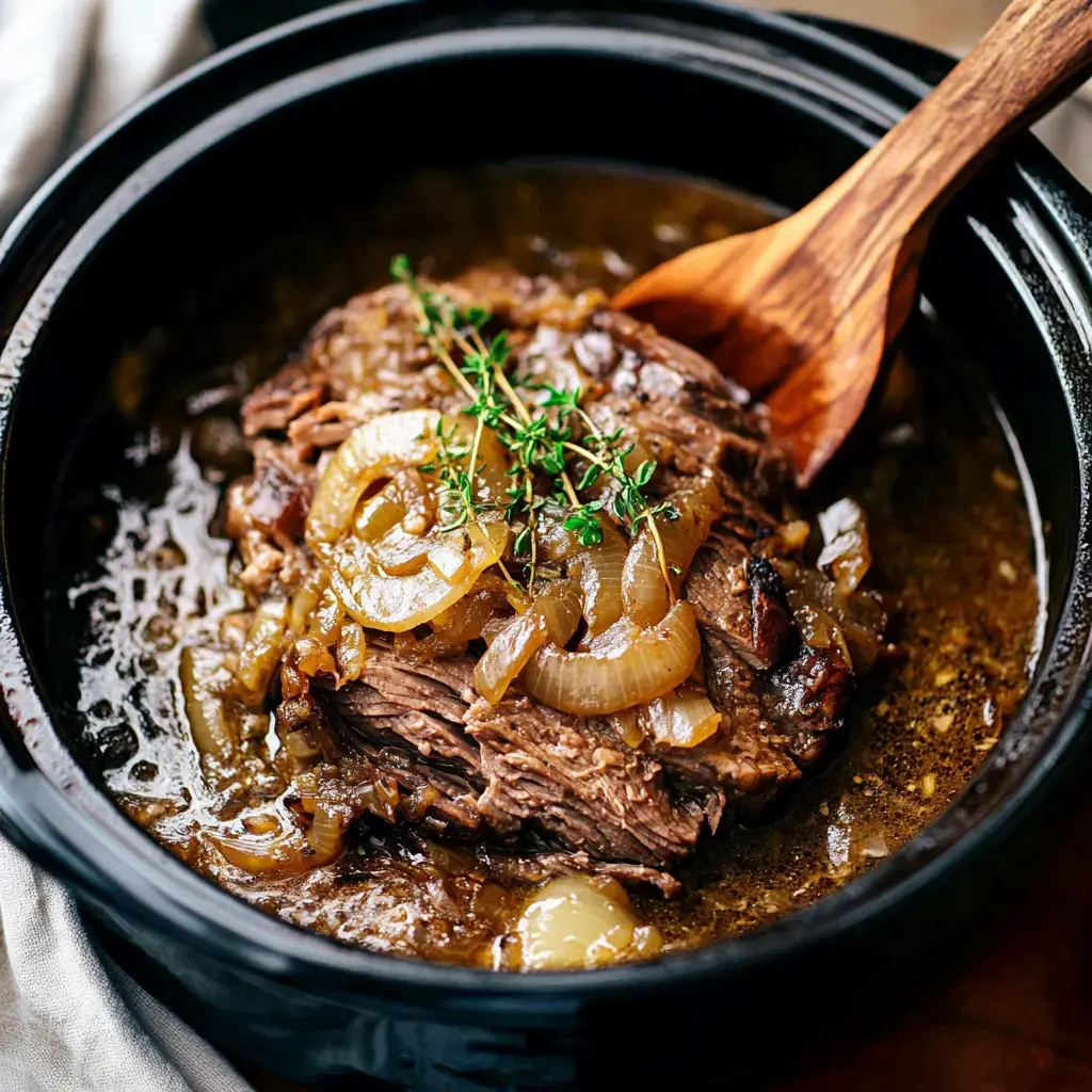 A close-up image of tender braised beef topped with caramelized onions and fresh herbs in a black serving dish.