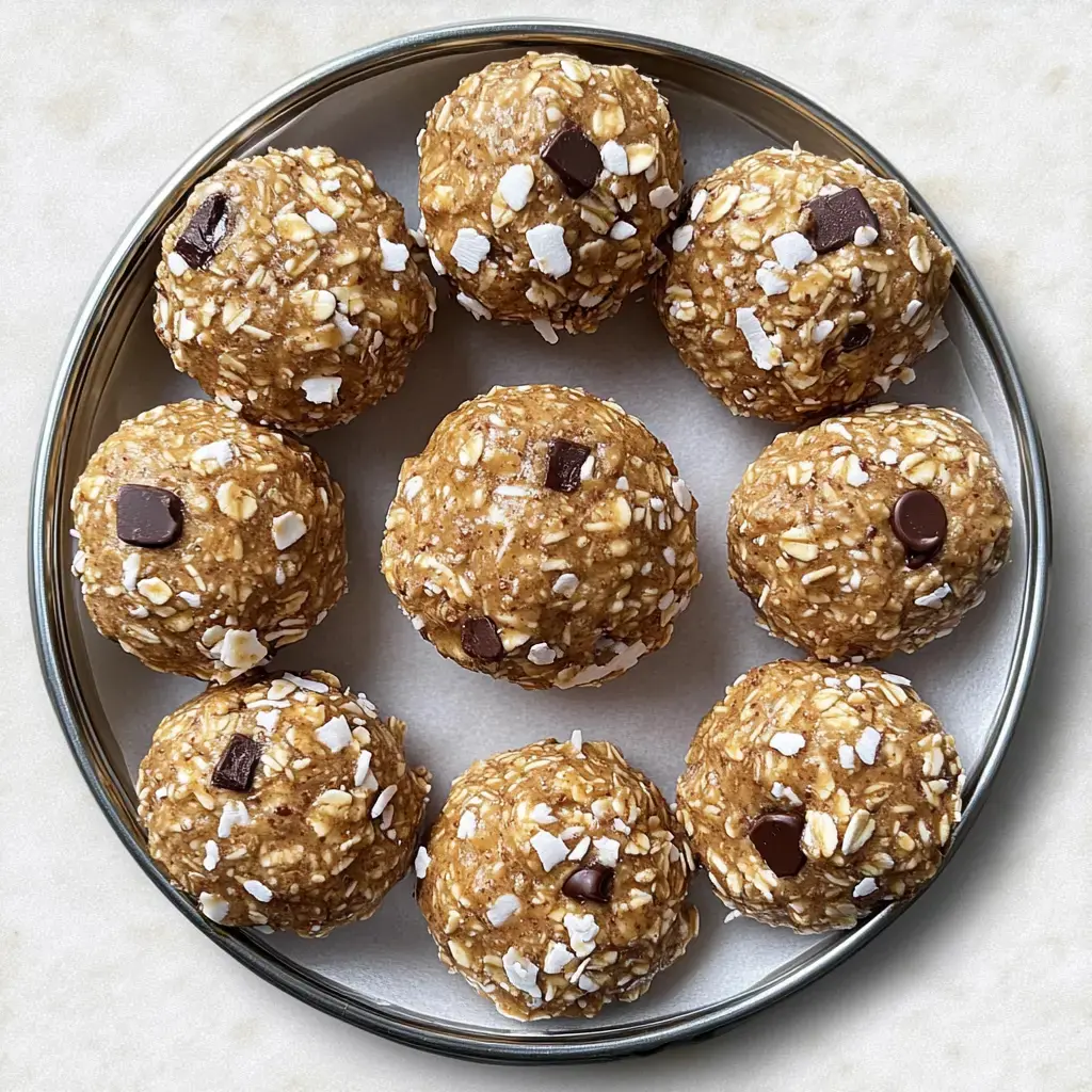 A plate of round, no-bake energy balls made with oats, chocolate chips, and coconut flakes.