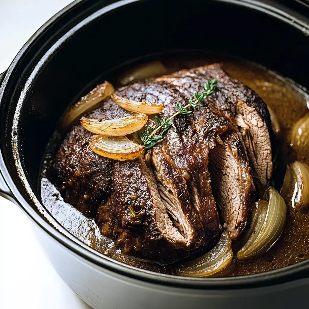 A succulent, sliced roast beef garnished with caramelized onions and thyme in a black cooking pot.