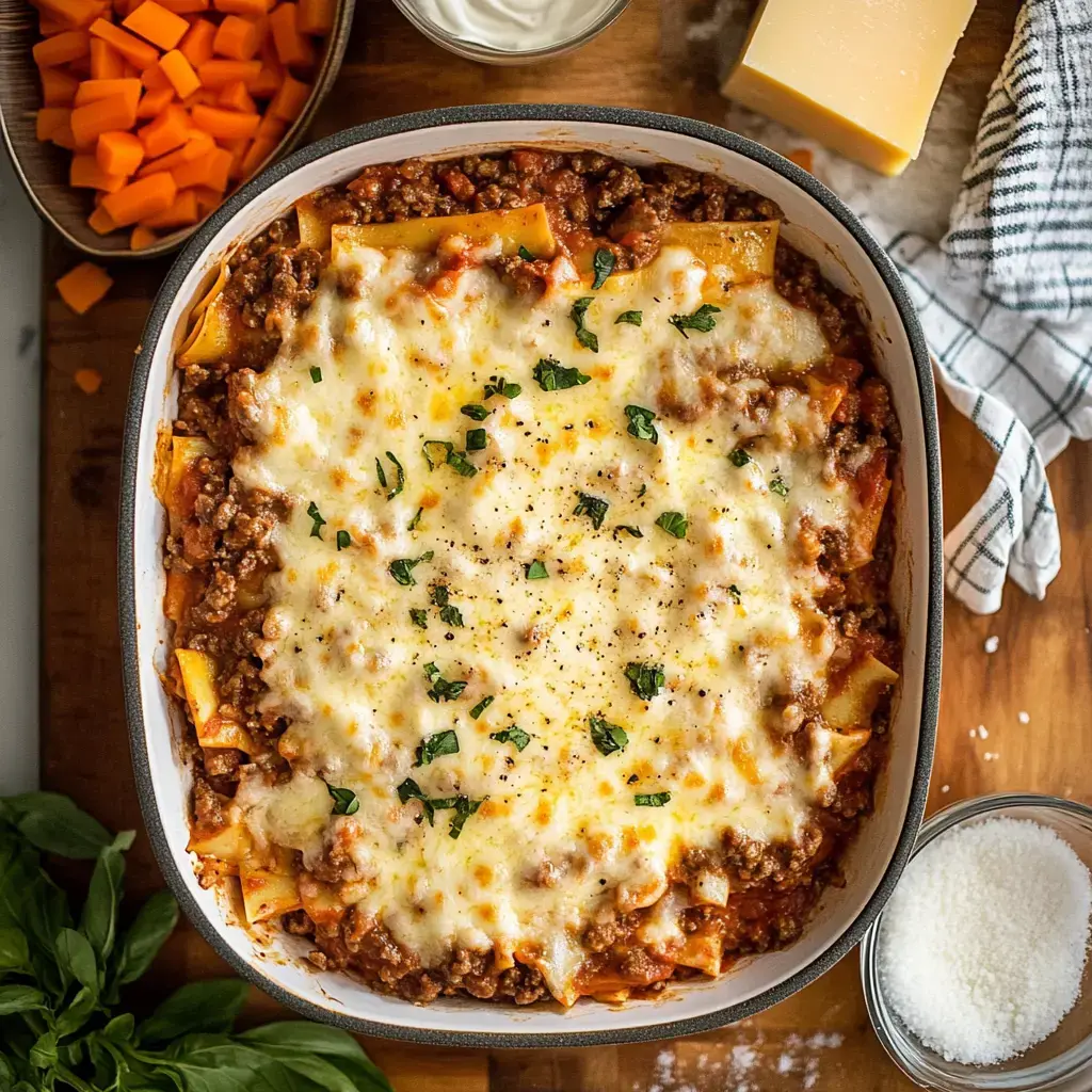 A baked lasagna topped with melted cheese and sprinkled with herbs, surrounded by ingredients like diced carrots, parmesan cheese, sour cream, and a bundle of basil on a wooden surface.
