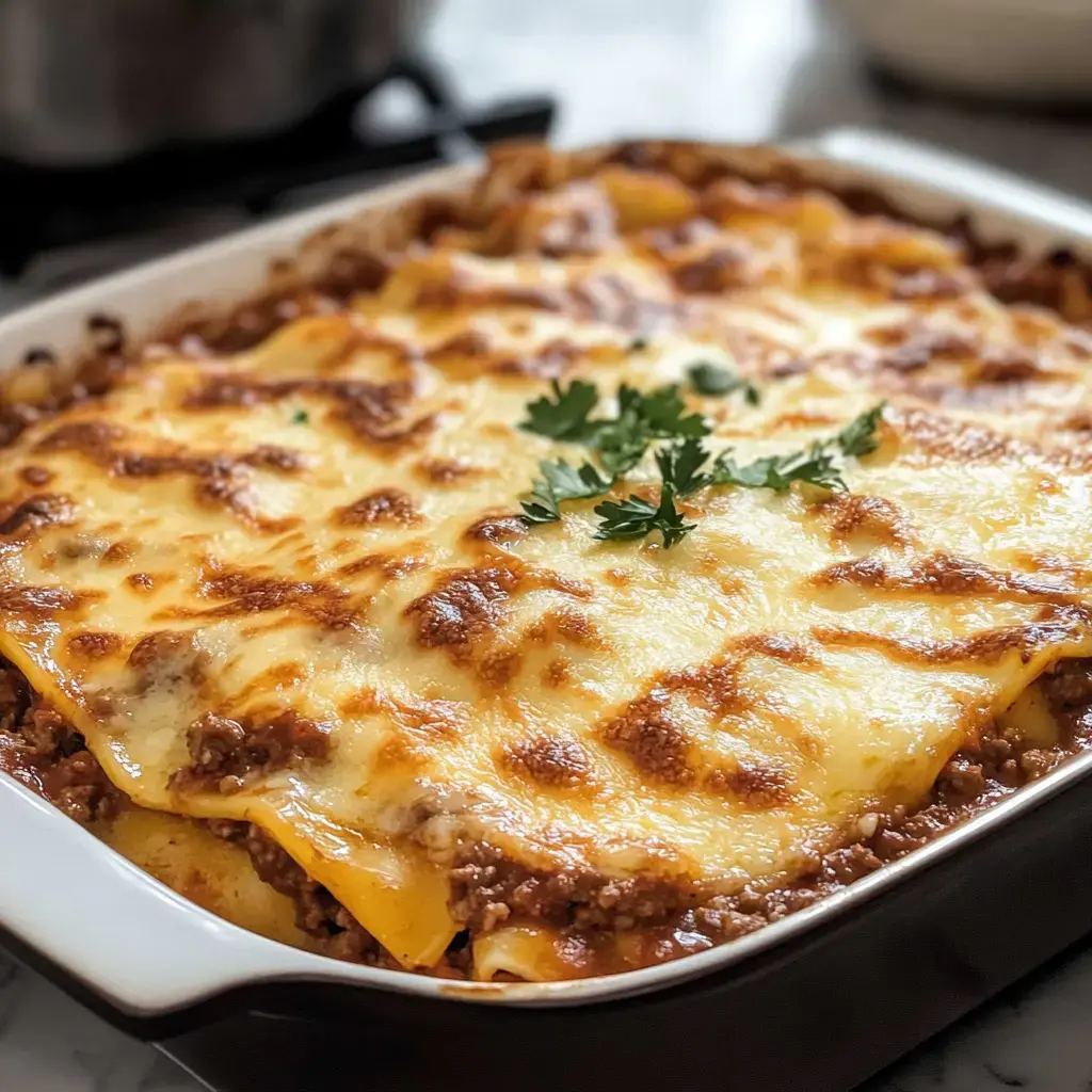A close-up of a baked lasagna topped with melted cheese and garnished with parsley.