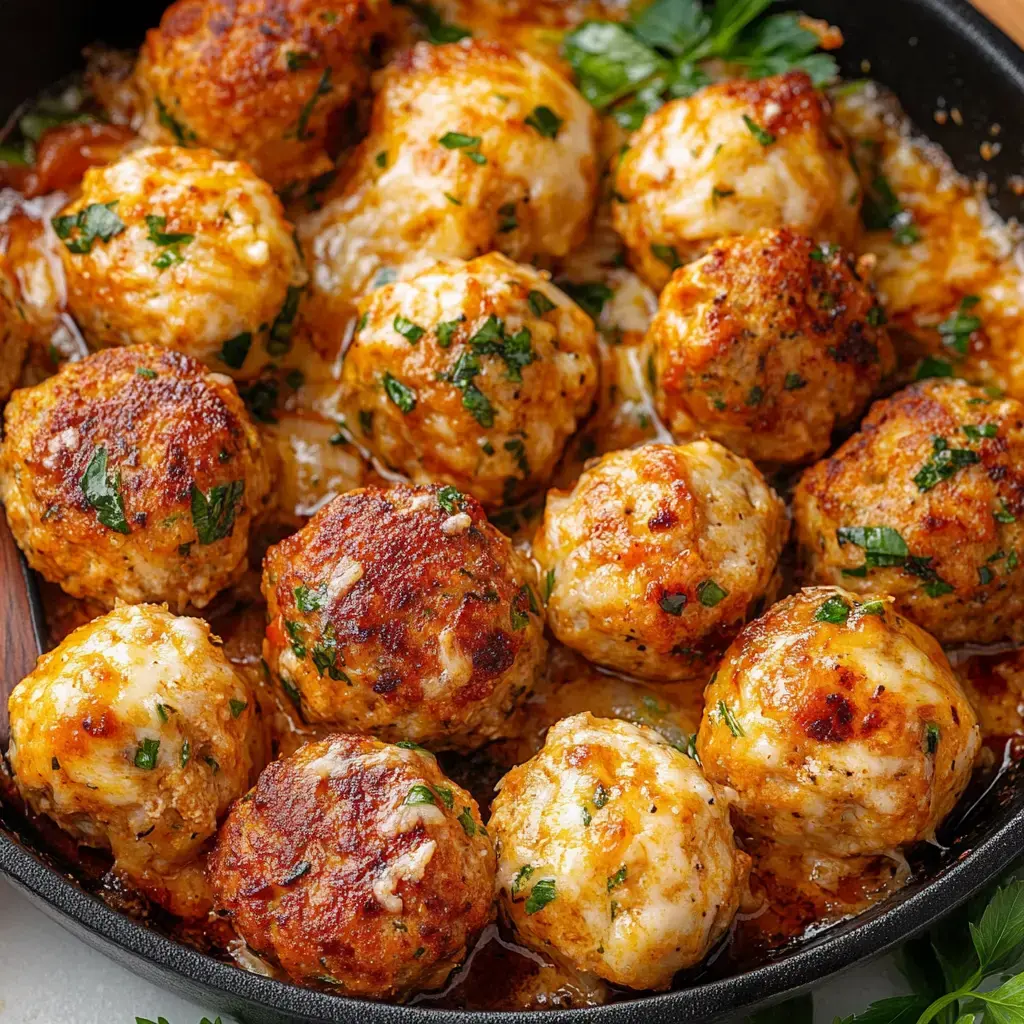 A skillet filled with golden-brown meatballs sprinkled with fresh parsley, swimming in a savory sauce.