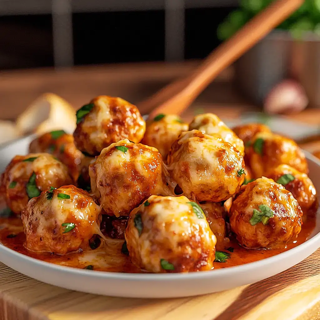 A plate of cheesy meatballs coated in a rich, savory sauce, garnished with green herbs.