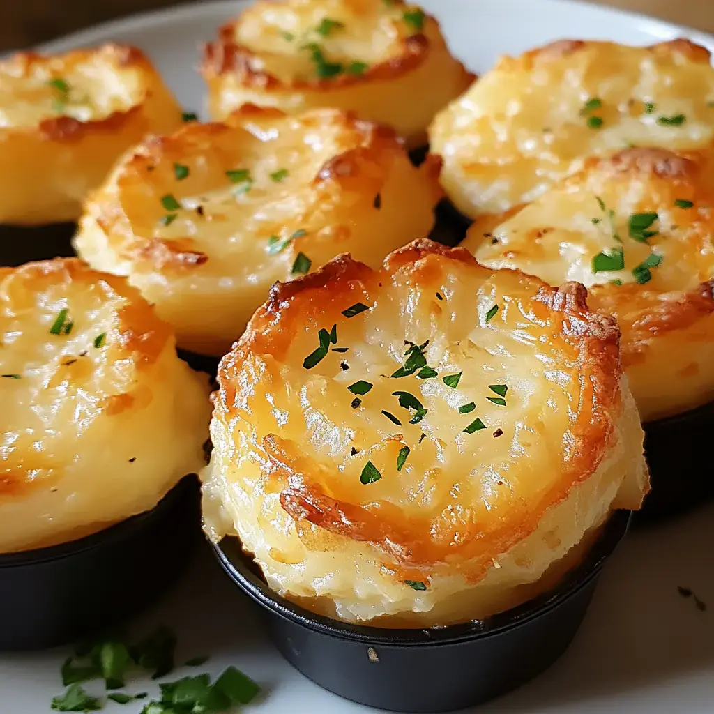 A close-up of golden-brown potato cakes garnished with chopped parsley, arranged on a plate.