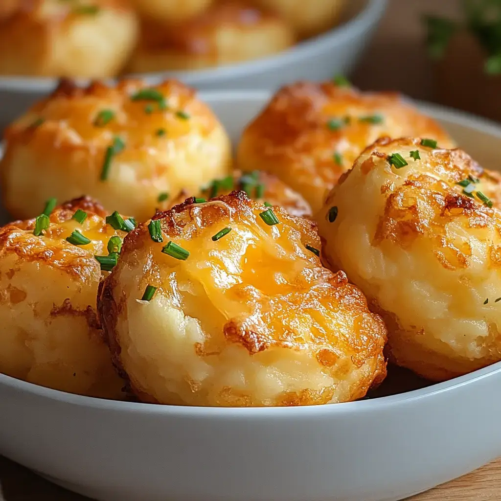 A close-up view of golden, crispy potato dumplings topped with green chives in a white bowl.