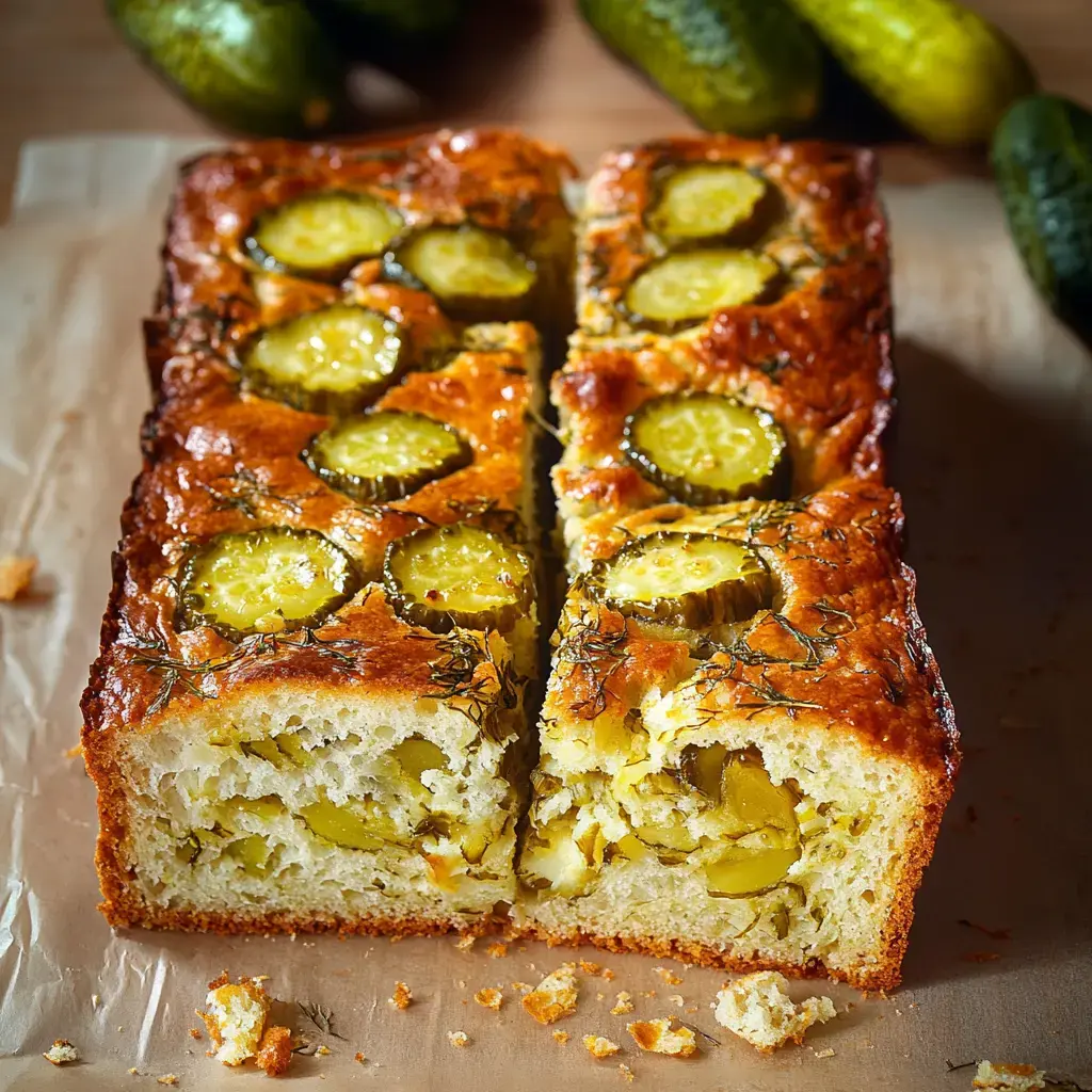 A sliced savory cake topped with pickles and garnished with dill, displayed on a wooden surface alongside whole pickles.