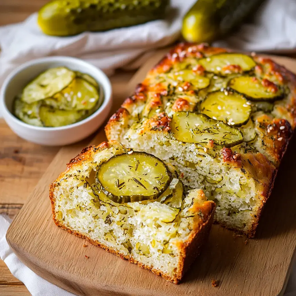A sliced loaf of bread topped with pickles and herbs on a wooden cutting board, accompanied by a small bowl of pickled cucumber slices.
