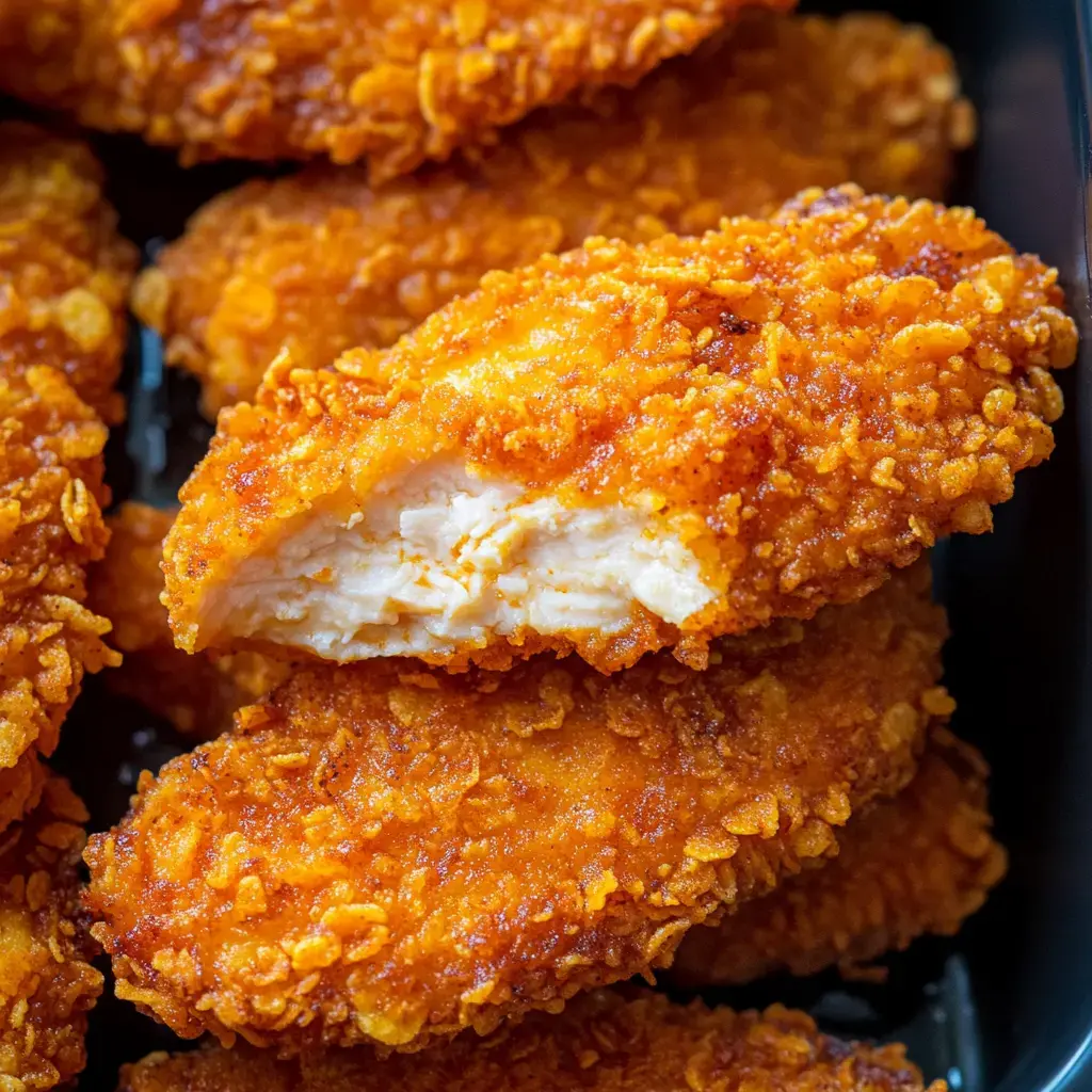 A close-up of crispy, golden-brown chicken tenders, with one partially bitten showing the light-colored meat inside.