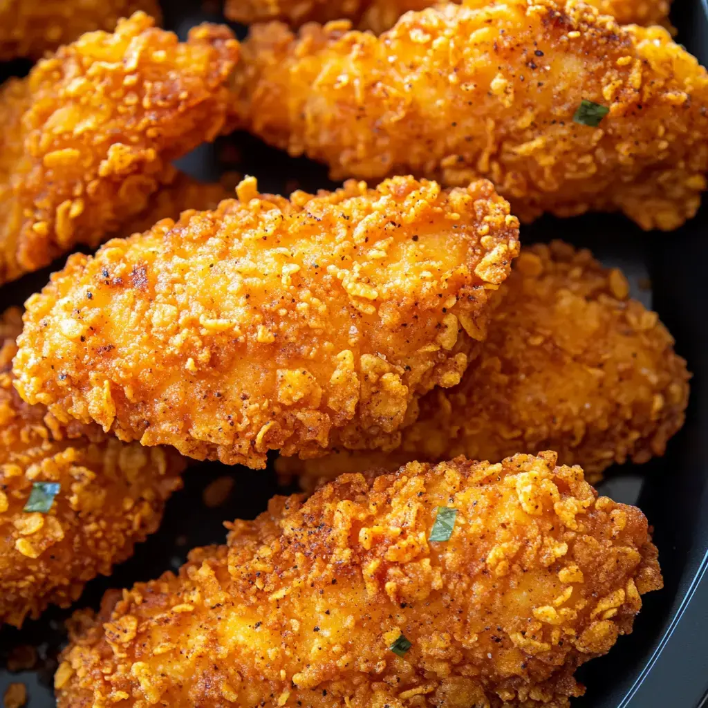 A close-up image of golden, crispy fried chicken tenders arranged in a dish.