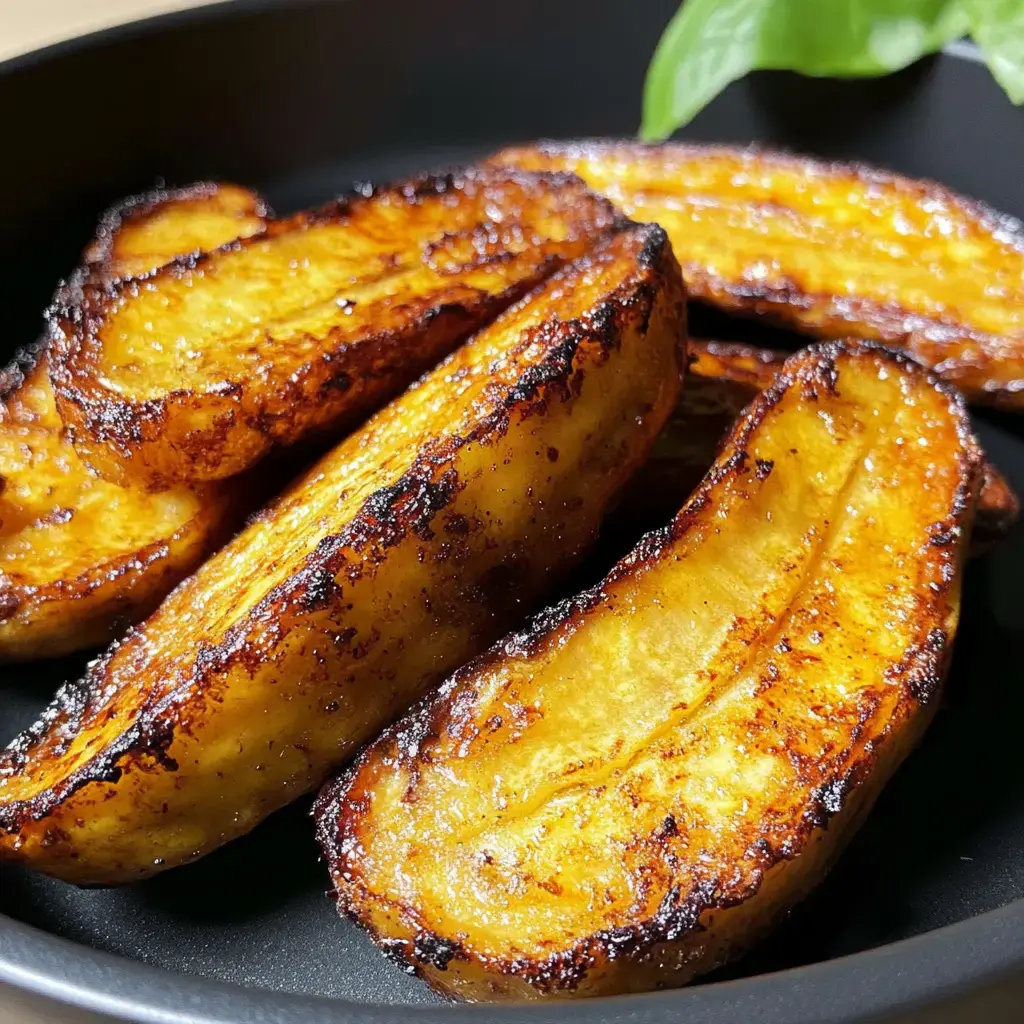 A close-up of beautifully caramelized plantain slices arranged in a black bowl, garnished with a green basil leaf.
