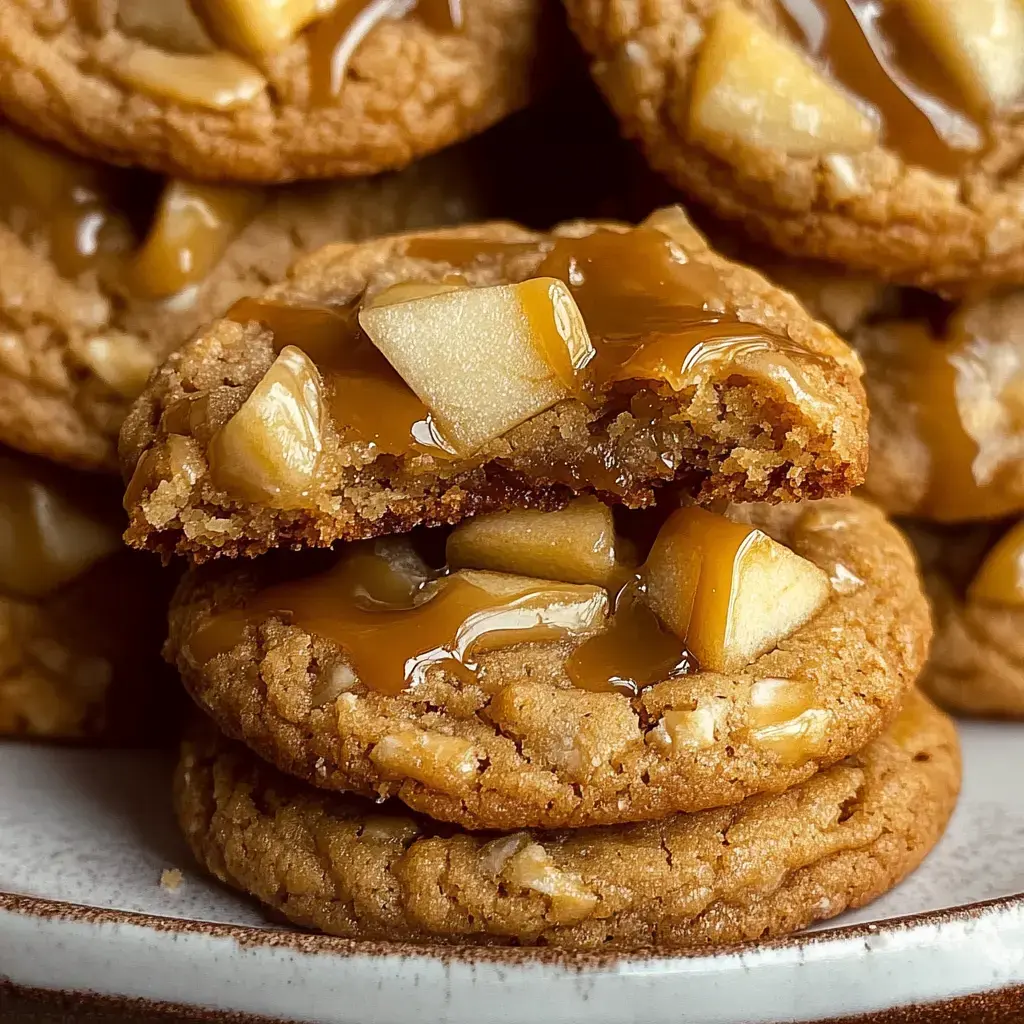 A stack of cookies topped with caramel and pieces of apple, with one cookie broken in half to reveal its soft interior.