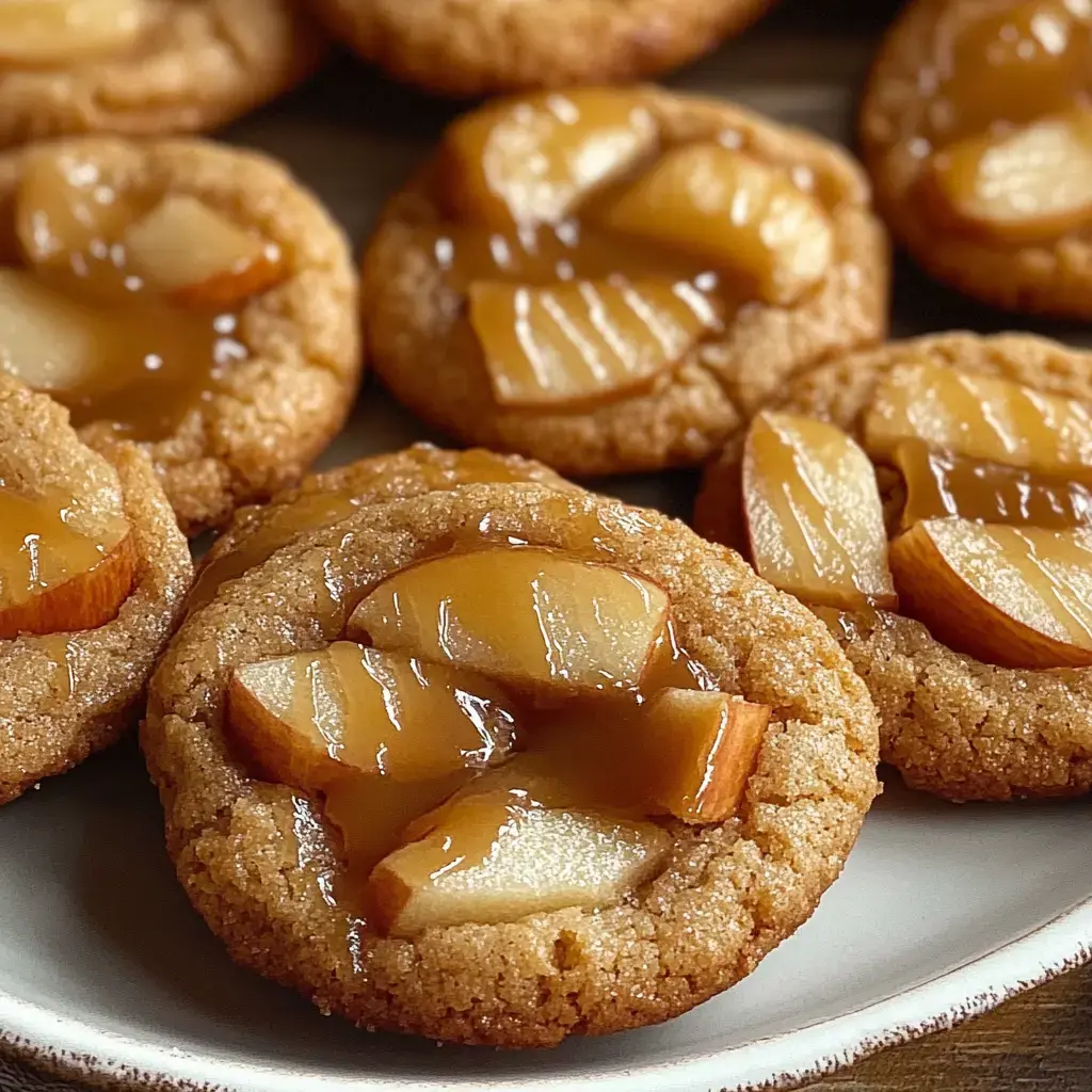 A plate of freshly baked cookies topped with caramelized apple slices and a glossy caramel drizzle.