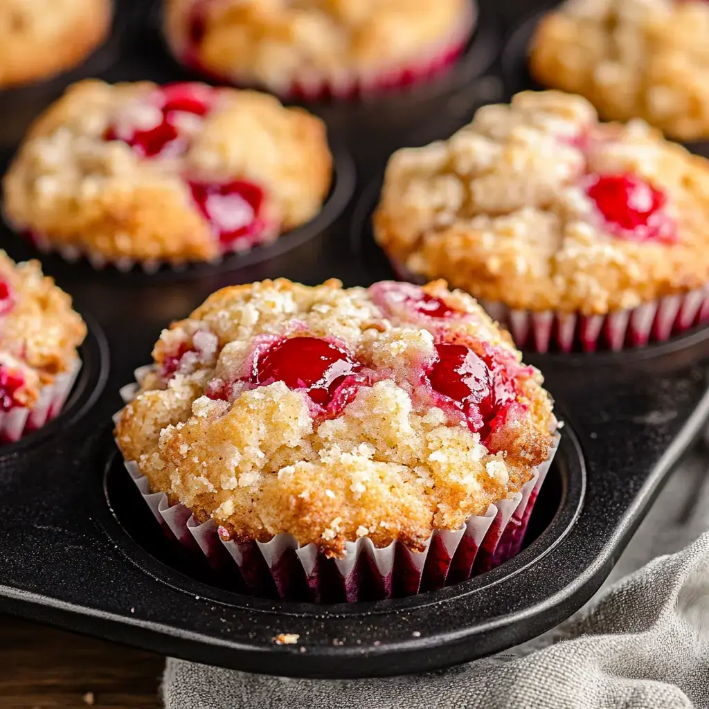A close-up view of freshly baked muffins with red cherries on top, displayed in a dark muffin tray.