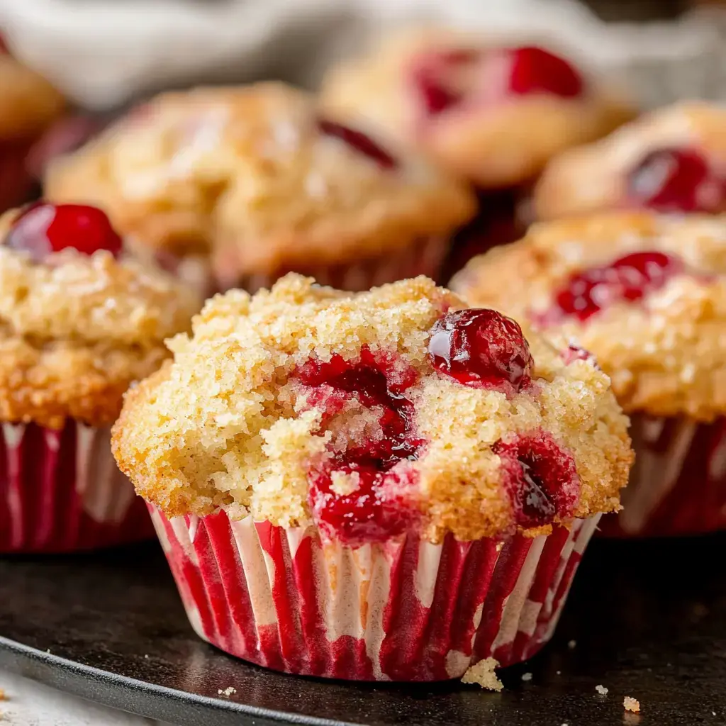 A close-up of freshly baked muffins topped with a shiny red fruit, displayed in red-striped paper liners.