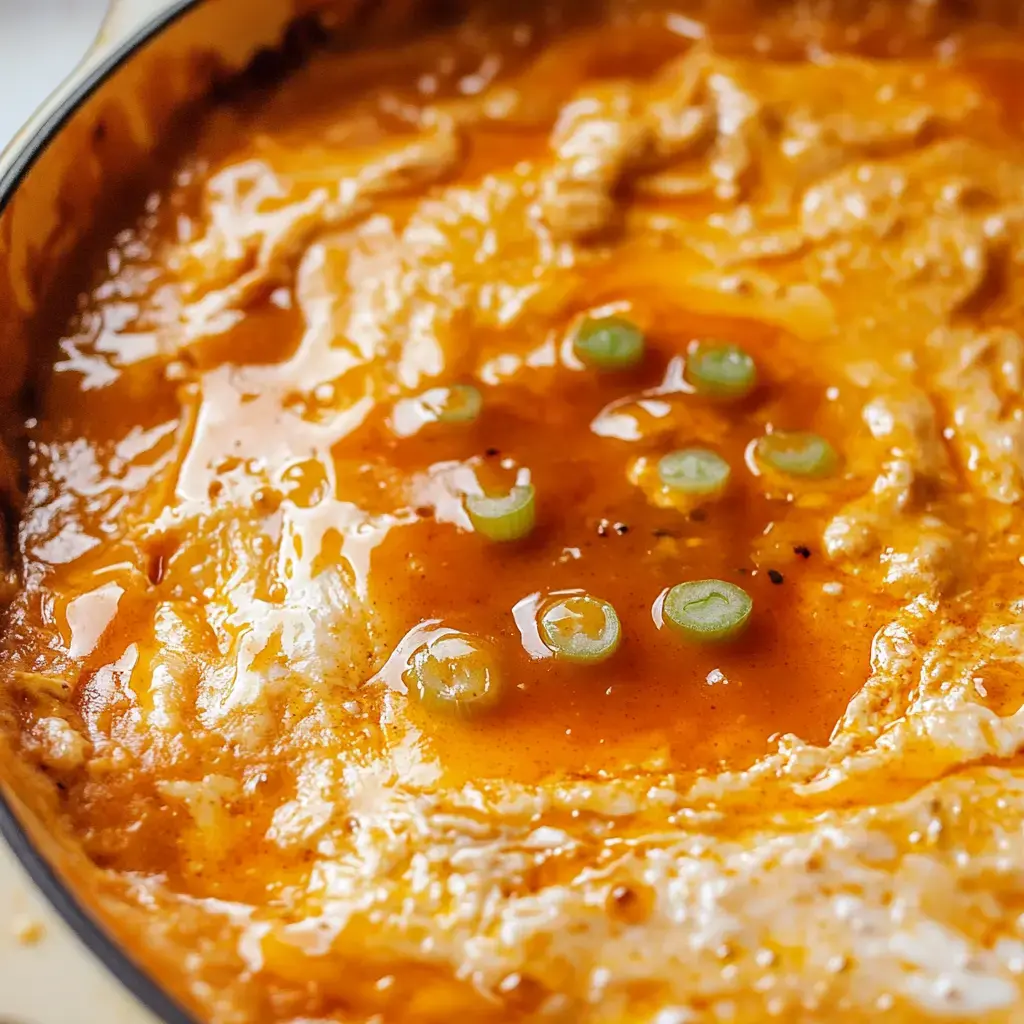 A close-up of a creamy dish topped with green onion slices and a glossy sauce.