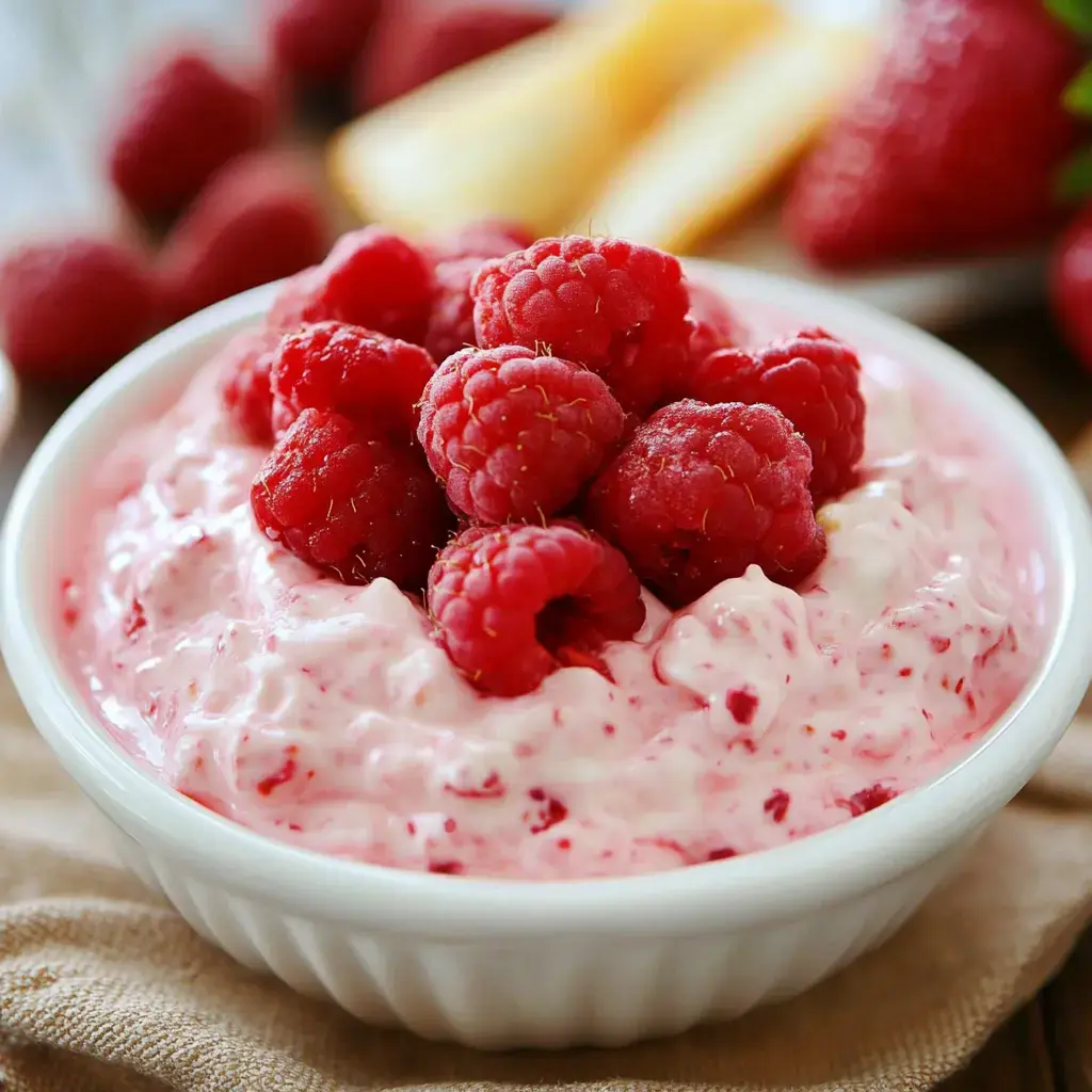A bowl of creamy pink raspberry yogurt topped with fresh raspberries.