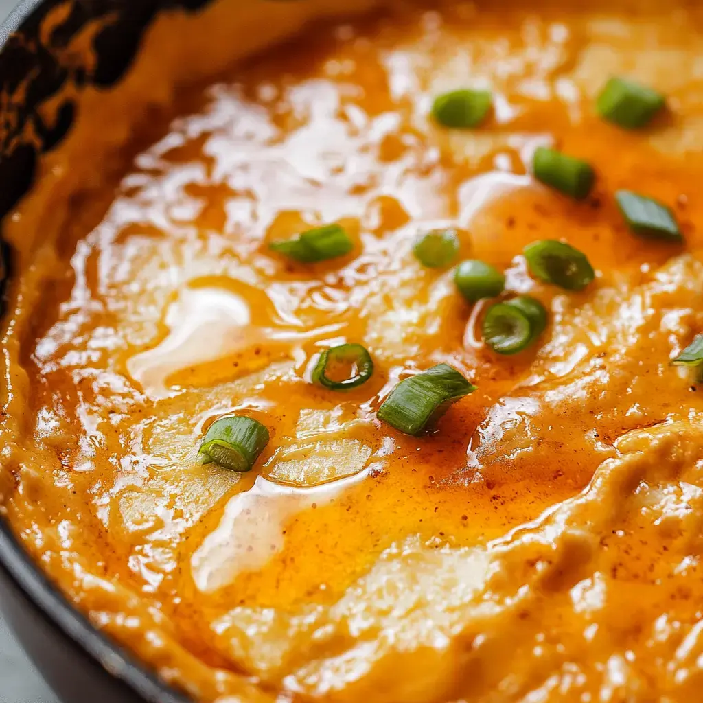 A close-up of a creamy dish topped with green onions and a glossy sauce.