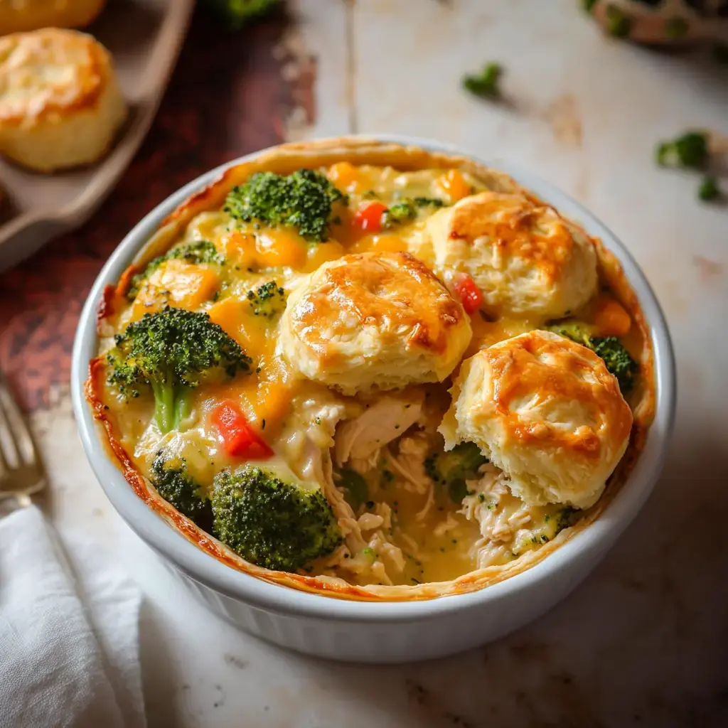 A creamy chicken and broccoli casserole topped with golden, flaky biscuits.