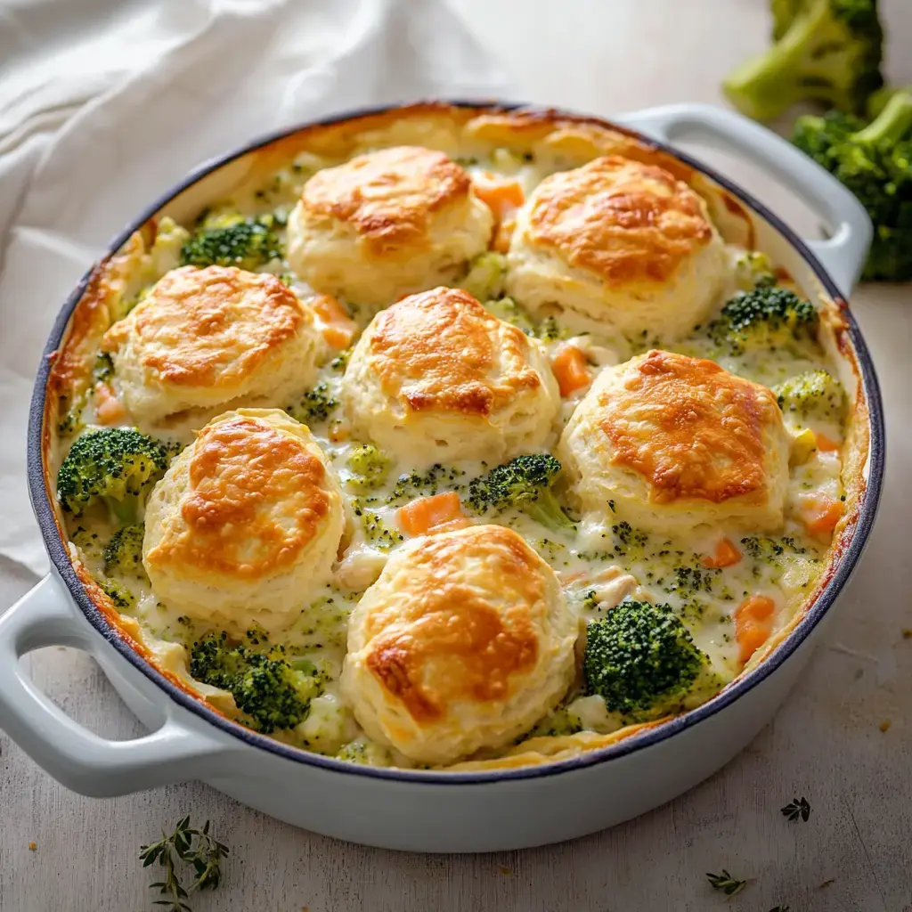 A creamy casserole filled with broccoli and topped with golden-brown biscuit dough.