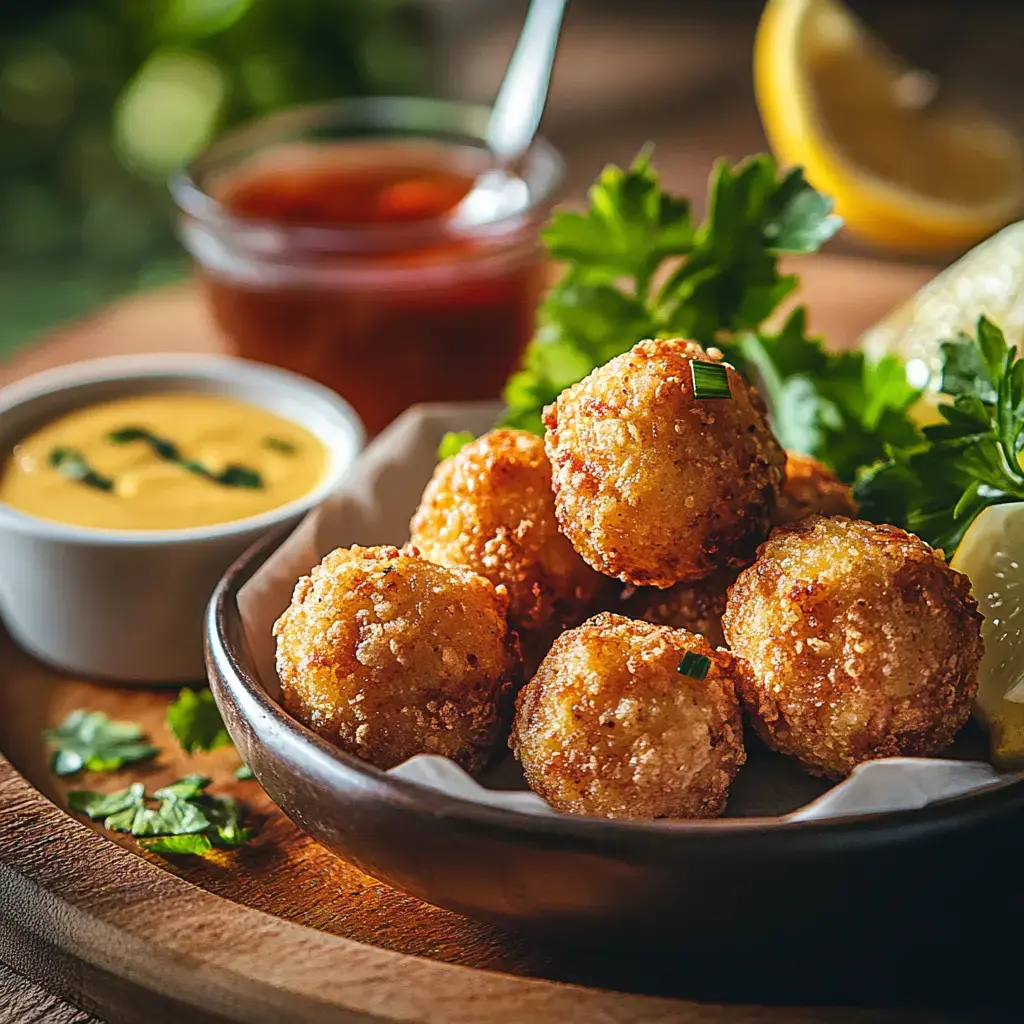 A close-up image of crispy golden-brown food balls served with dipping sauces and garnished with lemon and herbs.