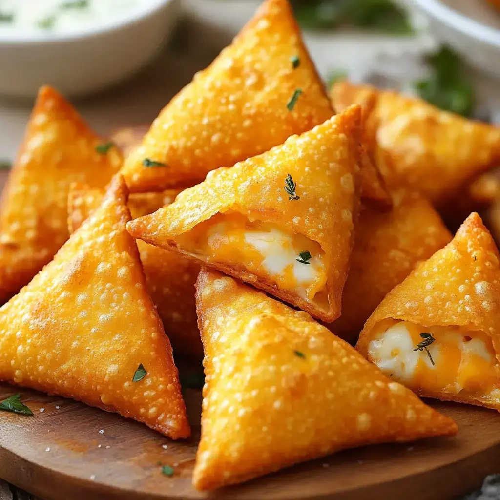 A close-up of golden-brown, crispy triangular pastries filled with cheese, arranged on a wooden platter.