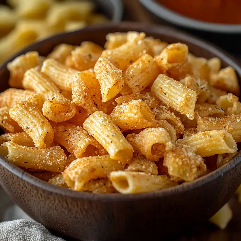 A close-up of a wooden bowl filled with golden-brown rigatoni pasta sprinkled with cheese and spices.