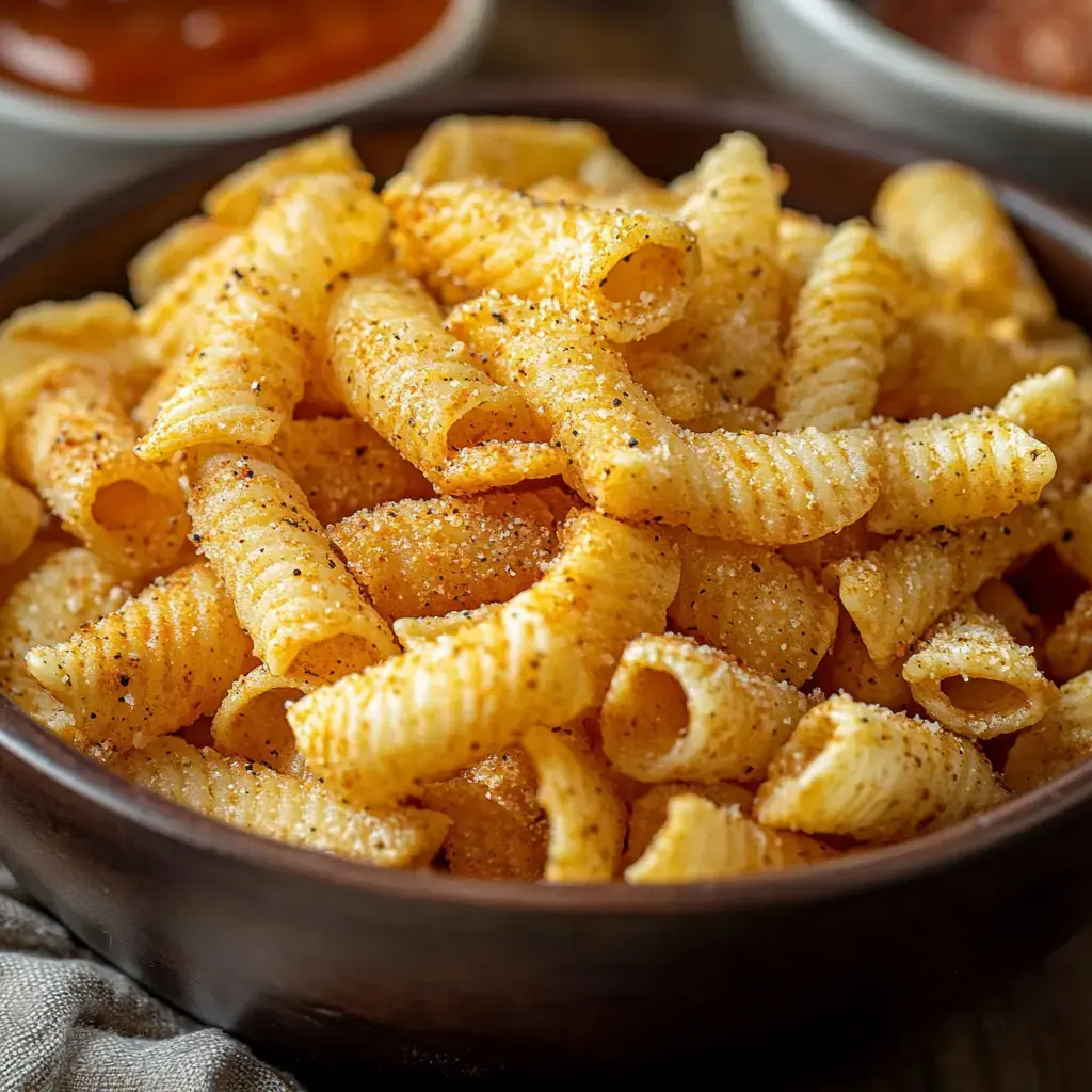 A close-up of a bowl filled with seasoned, spiral-shaped pasta.